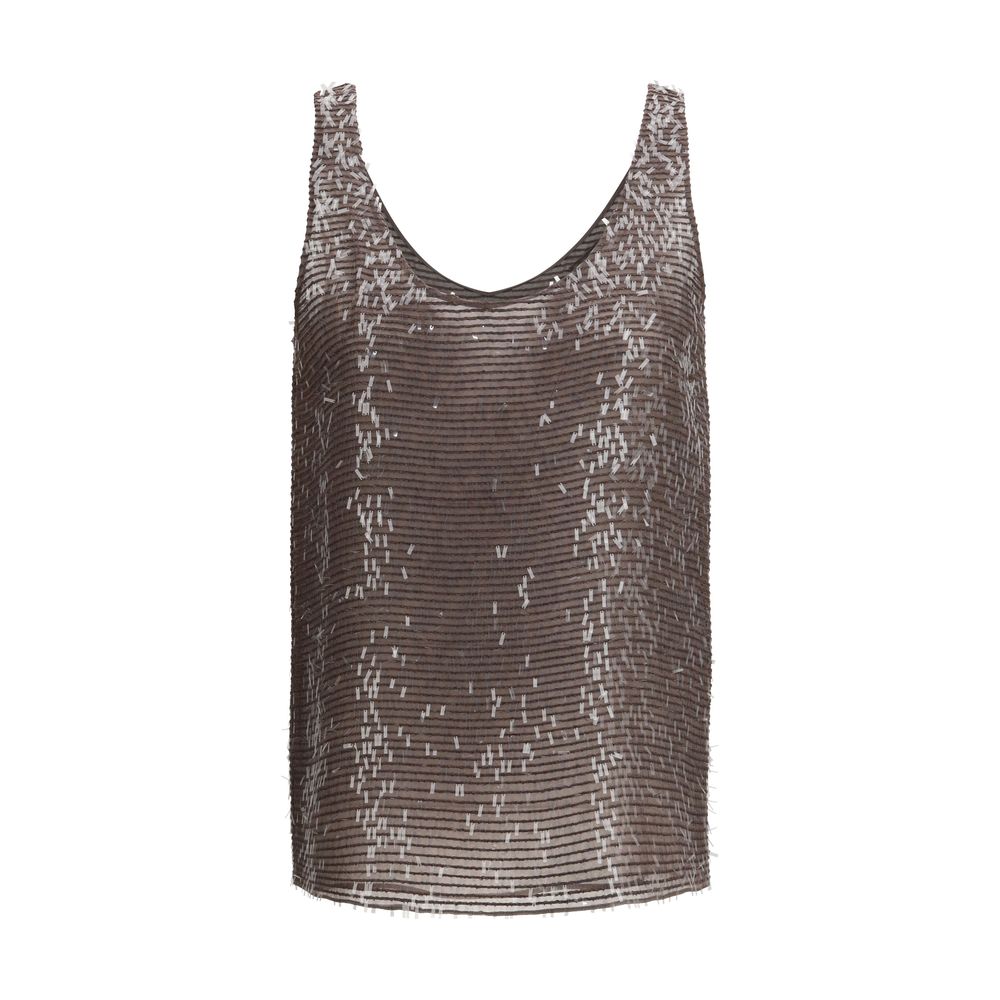 Brunello Cucinelli Brown Silk Sleeveles T-Shirt