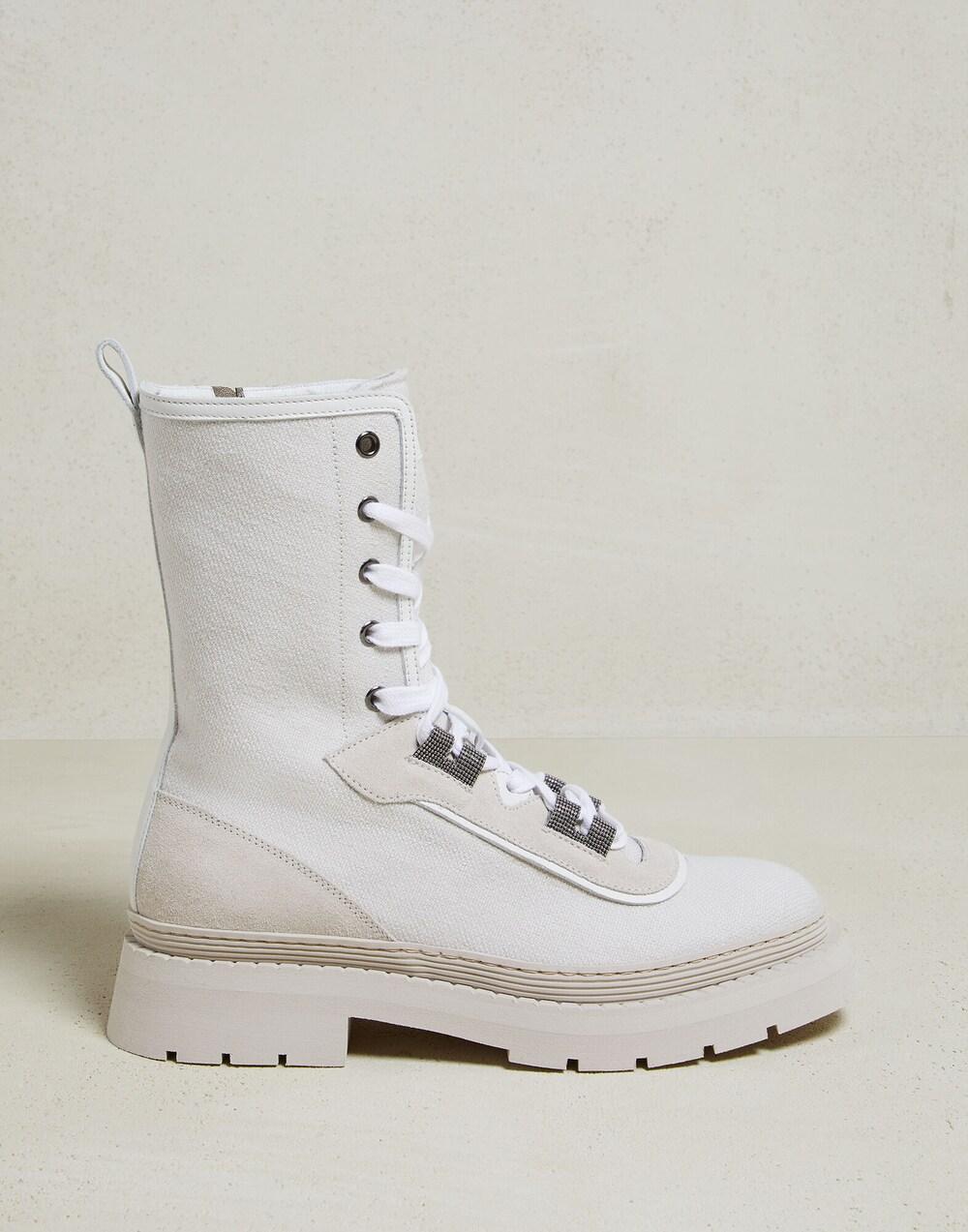 Brunello Cucinelli Beige Cotton Lace-Up Boots